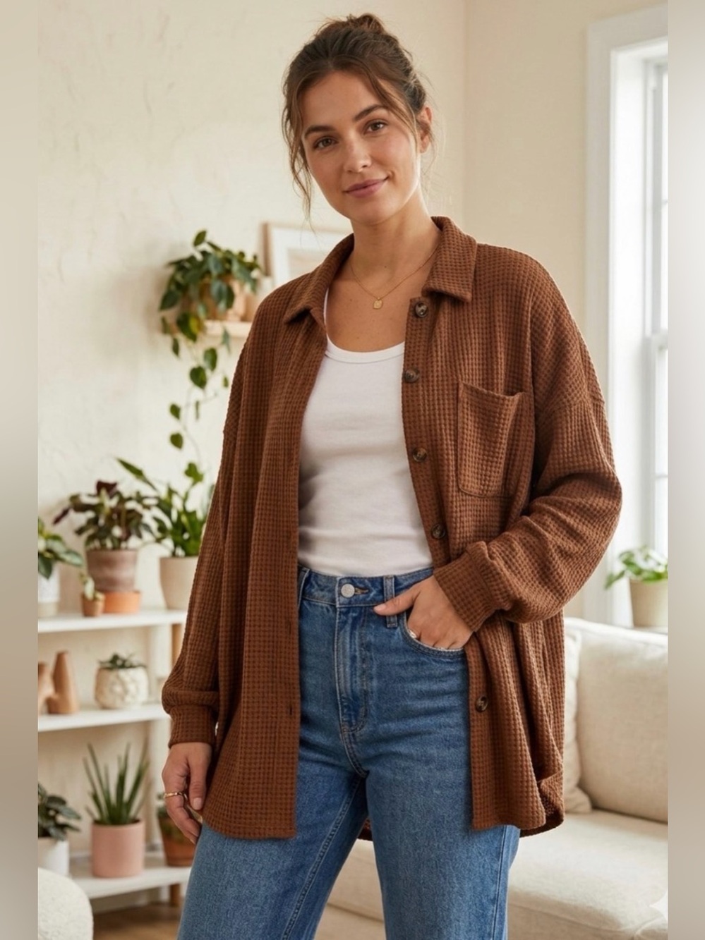 Waffle Knit Button oversized Shirt XL